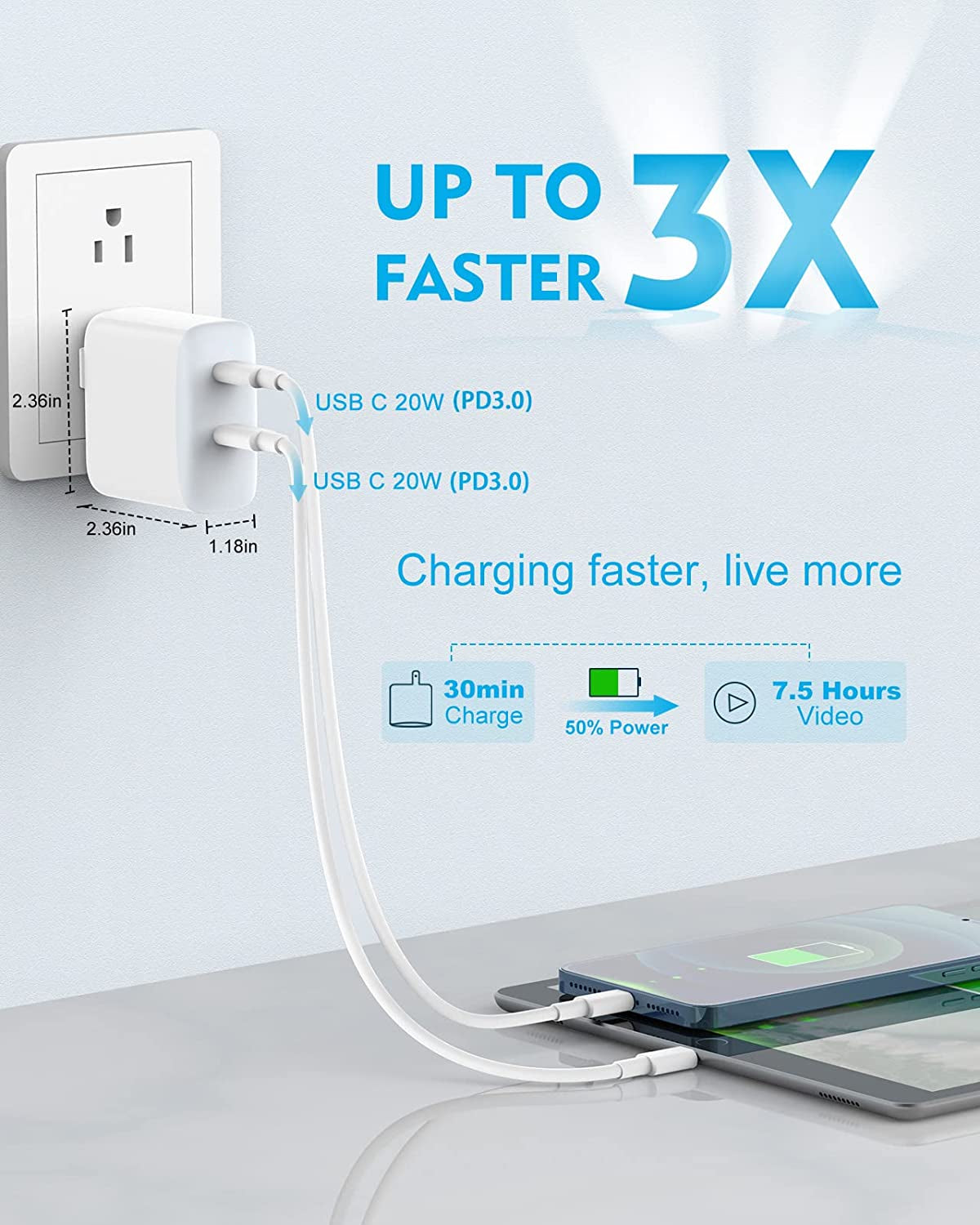 Adaptateur secteur à charge rapide double USB-C 35 W Chargeur mural rapide et câble USB-C + câble Lightning (1 m) Adaptateur secteur à charge rapide double USB-C 35 W Chargeur mural rapide et câble USB-C + câble Lightning (1 m)